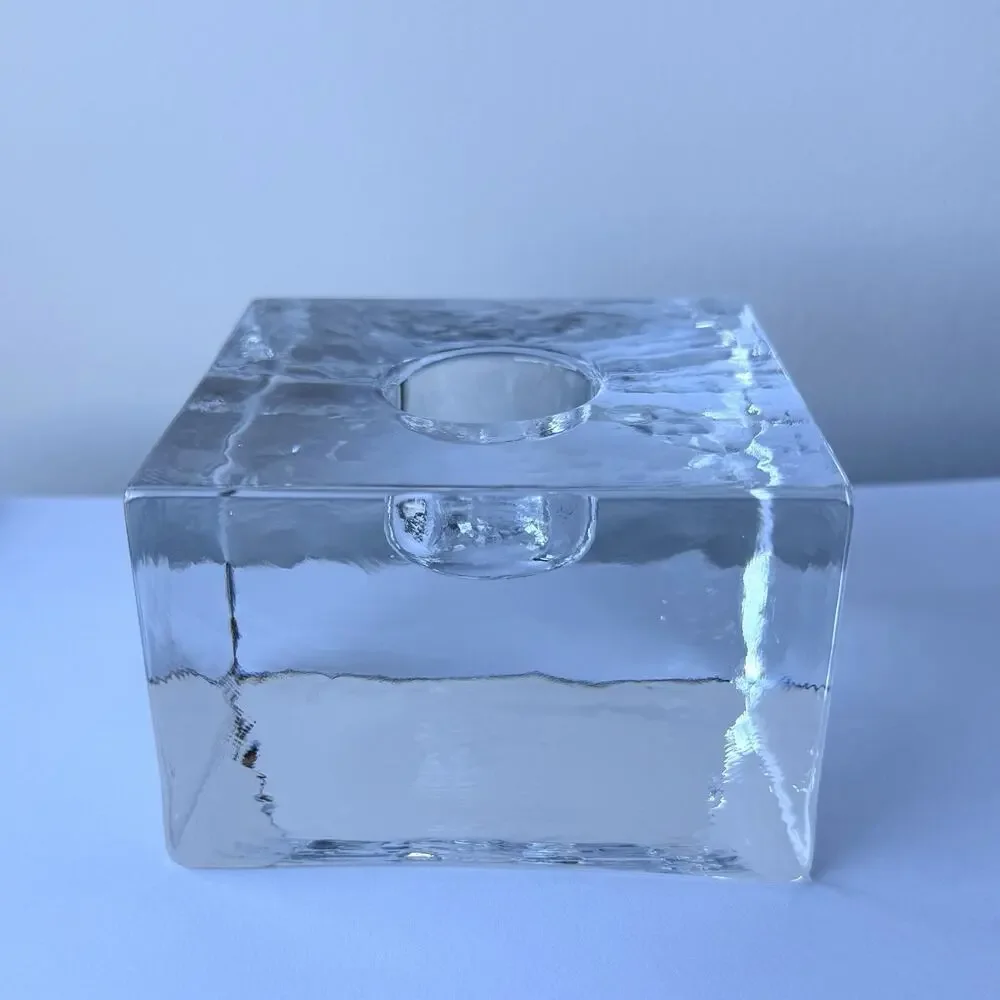 Simon Pearce Glass Woodbury Square Ice Cube Candlestick Holder 3 3/4” Textured